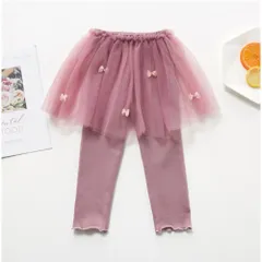 ☆ パープル ☆ 110cm ☆ リボンチュールスカッツ キッズ ボトムス スカッツ キッズ レギンス 女の子 チュールスカート レギンスパンツ スパッツ 10分丈 かわいい レース リボン 子供服 子ども服 おしゃれ オシャレ ボトムス ロングパンツ 可愛い