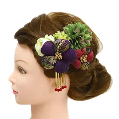 髪飾り 成人式 赤 振袖 前撮り 袴 花 3点セット 紫 臙脂 緑 ゴールド 白 ちりめん ビラ ビラ簪 花魁 和柄 ビーズ かんざし 日 No.9-5095