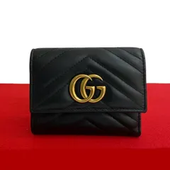ほぼ未使用 希少品 GUCCI グッチ GG マーモント ロゴ 金具 キルティング レザー 本革 三つ折り 財布 ミニ ウォレット ブラック 黒 36728