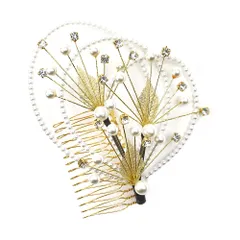 髪飾り コーム型 ラインストーン パール ゴールド 白 キラキラ ラメ リーフ 葉 丸 円 サークル 小さい かんざし かわいい 粋 No.9-3434