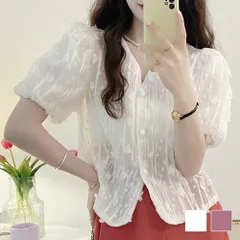 半袖パフスリーブブラウス レディース 半袖 トップス シャツ 春服 夏 10代 20代 30代 韓国ファッション 可愛い シアー ショート丈トップスのサムネイル