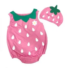 ベビー服 帽子付き 着ぐるみロンパース 変身ロンパース いちご ピンク