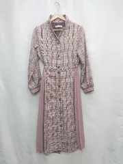 ◇ ⊇ MAJESTIC LEGON チェック柄 プリーツ加工 ウエストベルト 長袖 ロング丈 ワンピース サイズＭ ピンク系 レディース E  【1503050049719】