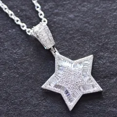 ネックレス メンズ 18金 ダイヤモンド ペンダント K18WG ホワイトゴールド スター バゲットカット 星 50cm アズキチェーン 男性用 刻印入り 鑑別書付き【アクセサリーマート/メルカリShops店】