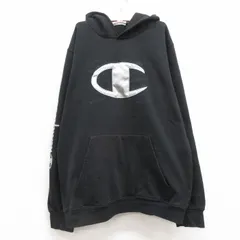 古着 チャンピオン champion 長袖 スウェット パーカー キッズ ボーイズ 子供服 ビッグロゴ 黒 ブラック 25feb13