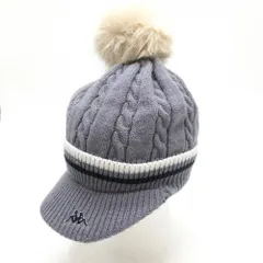【美品】カッパ つば付きニット帽 グレー×ネイビー ケーブル編み ボンボン付き  F ゴルフウェア Kappa