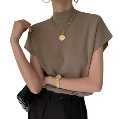 [Kanpari] フレンチスリーブ Tシャツ レディース ノースリーブ キャミソール サマーニット タンクトップ 半袖 ニットセーター ハイネック トップス インナー カットソー ｔシャツ 袖なし ゆったり [カーキ] [Free Size]