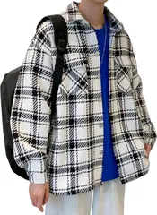 [Boyzn]モノトーン チェック柄 長袖シャツ（L）メンズ ゆったりカジュアルファッションハンサムジャケット 春秋冬【厚手】ブラック　ホワイト