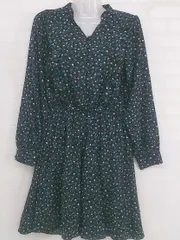 ◇ MAJESTIC LEGON 花柄 ウエストゴム フリル 長袖 膝丈 ワンピース サイズM ブラック グリーン系 マルチ レディース  【1206030004752】