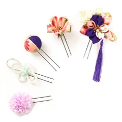 髪飾り 成人式 水引 つまみ細工 振袖 前撮り 袴 花 5点セット 花 紫 オフホワイト ゴールド サーモンピンク ちりめん 剣つまみ No.9-5148