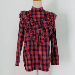 A3-19 ZARA ザラ チェックフリルブラウス シャツ フェード加工 レディース Sサイズ レッド グレー