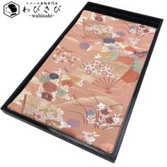 袋帯 唐織 遠山 扇子 花模様 金糸 洗朱色 O-5243