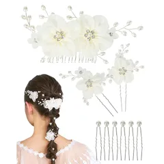 髪飾り ヘアアクセサリー ヘッドドレス 花 パール ヘアピン 発表会 結婚式 お呼ばれ パーティー ドレス 浴衣 着物 袴 卒業式 和装 小物 (ホワイト・シルバー)