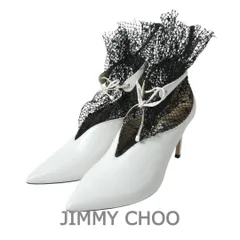 新品同様 JIMMY CHOO ジミーチュウ サイズ35.5㎝ 約22.5㎝ LEANNE85 牛側 カーフレザー レース Vカット アンクルストラップ ポインテッドトゥ ピンヒール ブーティ ショートブーツ パンプス 白 ホワイト