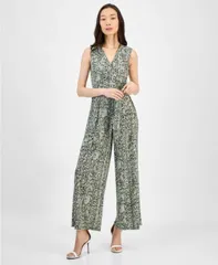 【送料無料】 アンクライン レディース ジャンプスーツ トップス Women's Printed Faux-Wrap Sleeveless Wide-Leg Jumpsuit Olive Palm Multi