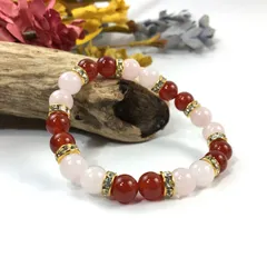 ローズクォーツ&赤メノウ パワーストーン ブレスレット 天然石 8mm（ゴールド）レディース 女性  数珠ブレス 開運 プレゼント ギフト  [5]