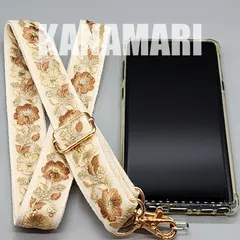 [147-2]インド刺繍リボンのスマホ用ショルダーストラップ（白・生成り系、金具：ゴールド系）、ハンドメイド