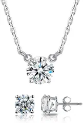 JIANGXIN 上品 一粒 ネックレス ペンダントピアス 925純銀製 CZ シルバー925( ネックレス+ピアス-4本爪)