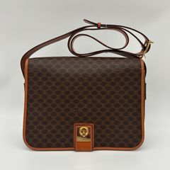 CELINE（セリーヌ）ショルダーバッグ ガンチーニ ボックス型 フラップ ゴールド金具 マカダム PVC ブラウン 斜め掛け スクエア レザー【中古】