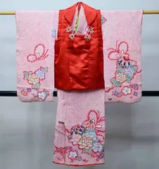 七五三 三歳 女児 被布コート 着物 長襦袢 3点セット 総絞り 赤色 日本製 祝着 刺繍入りの半衿 伊達衿縫い付け済 NO41199