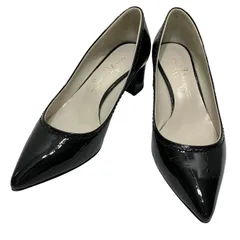 【美品】銀座かねまつ (22.5) パンプス エナメル ポインテッドトゥ チャンキーヒール 希少デザイン