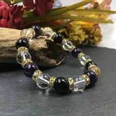 アメジスト×水晶×オニキス パワーストーン ブレスレット10mm（ゴールド）メンズ・レディース　男性・女性　数珠ブレス　開運 [17] 