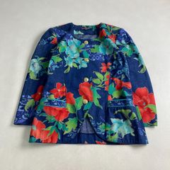 LEONARD ノーカラー デニム ジャケット 金ボタン 総柄 ブルゾン シルク