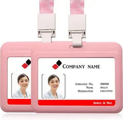 バッジホルダー名札ケース　2個セット　オフイス　バッジホルダー、防水シルバーIDバッジ取り外し可能ネックストラップ付き水平 (ピンク)　s819