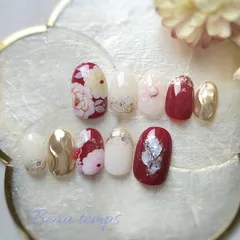 和柄ネイル　振り袖  赤　成人式　袴　前撮り和装　ホワイト　ぷっくり　フラワー