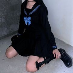 セーラー服 3点セット スカート 通学 入学式 卒業式 黒 長袖 ロング 丈選べる 金魚結び 前開き 青三本 関西襟 可愛い senyu02