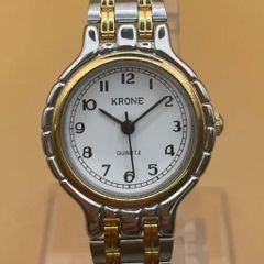 【✨磨きあげメンテナンス済✨】　KRONE　クローネ　QUARTZ腕時計 白文字盤　金ベゼル　コンビベルト　金　銀　ゴージャス　アンティーク　ノスタルジー　オーセンティック　調整可能　小ぶり　華奢　冠婚葬祭　９０年代　８０年代　ヴィンテージ　オーソドックス