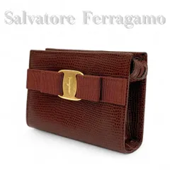 Salvatore Ferragamo サルヴァトーレフェラガモ ミニポーチ アクセサリーポーチ フラグメントケース ヴァラリボン 型押し  イタリア製 茶