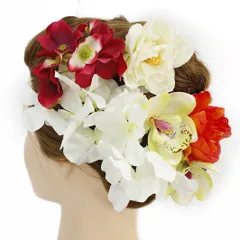 髪飾り 成人式 振袖 浴衣 卒業式 袴 結婚式 6点セット 白 赤 橙 花 和 洋 かんざし 手作り 簪 つまみ細工 ちりめんフォーマル 花飾り 玉飾り ブライダル W38 295-262白 赤 橙 r700　Si