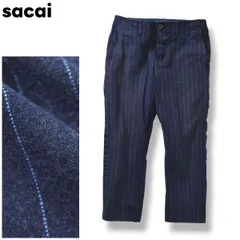 【美品】 15SS サカイ sacai サイドテープ アンクル パンツ シンチバック ボタンフライ リネン 麻混 1 ピンストライプ柄 ネイビー デザイナー モード ストリート カジュアル Y2K アーカイブ メンズのサムネイル