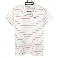 【美品】アンダーアーマー 半袖ポロシャツ 白×レッドピンク ボーダー ストレッチ  レディース XL ゴルフウェア UNDER ARMOUR