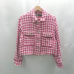 ◇ ⊇ ZARA ザラ ツイード 千鳥柄 ビジュー釦 長袖 ジャケット サイズS ピンク ホワイト レディース E  【1502180056192】