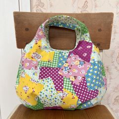 大人可愛いふっくらミニバッグ☆パッチワーク風☆爽やか☆夏