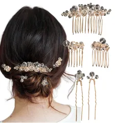 [Herbeluemily] 髪飾り ヘッドドレス ヘアアクセサリー ヘアピン パール 5点セット ウェディング 結婚式 クリア×ゴールド [クリア×ゴールド]