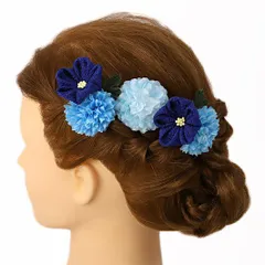 髪飾り 成人式 つまみ細工 振袖 前撮り 袴 浴衣 夏祭り 花火大会 豪華3点セット 青 水色 ちりめん ヘアアクセ かんざし ヘッド No.9-3692