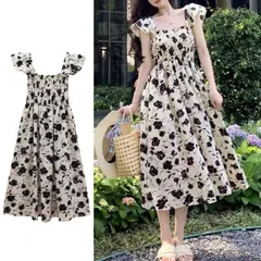 ワンピース 花柄 スクエアネック ギャザー入り ノースリブワンピース フリル 夏ワンピース 大人 モレ丈 Aライン デート(メール便送料無料)