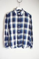 美品 SHIPS Shuttle notesシップス シャトルノーツ 長袖 コットン リネン チェック シャツ 青808O★2