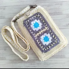 スマホショルダー　ストラップ　スマホポシェット 　手編み　ハンドメイド　レース　モチーフ編み　グラニースクエア