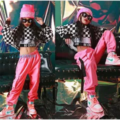 キッズダンス衣装 へそ出しヒップホップ HIPHOP セットアップ 子供 トップス ズボン 練習着 チェック柄 へそ出し 演出服 ガールズ かっこいい  vii3u638806