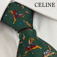 未使用級 CELINE トリオンフ 金ボタン 総柄 シルクネクタイ グリーン 