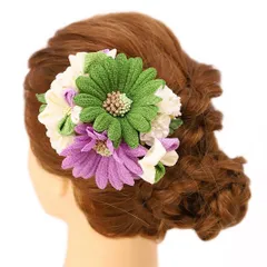 髪飾り 成人式 つまみ細工 振袖 前撮り 袴 浴衣 夏祭り 花火大会 豪華3点セット 緑 渋緑 紫 薄紫 白 ちりめん パール パールピ No.9-3674