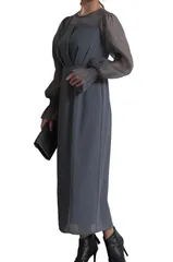 [MORE AUNI] パーティー ドレス シフォン ポエット スリーブ ロング ワンピース ドレス お呼ばれ 結婚式 2次会 フォーマル セミ オシャレ 1.5次会 披露宴 上品 エレガント キレイメ 可愛い 春 [ダークカーキ / 300068] [2L]