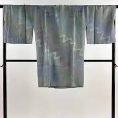 【美品】 道行 身丈99.5cm 裄丈70cm L 和装コート 角衿 流水 幾何学模様 ぼかし 青灰色 正絹 名品 【中古】