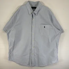古着 ラルフローレン RALPH LAUREN 半袖シャツ ロゴ 刺繍 大きいサイズ ボタンダウン XXL  水色 ストライプ メンズ