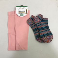 Ja-vie　ジャヴィ　3WAY綿混着圧サポーター&ショートソックスセット　ピンク/ストライプ　23cm～25cm　訳あり
