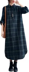 coco plaza チェックワンピース レディース ロング丈 ゆったり 体型カバー 長袖 春 秋 冬(グリーン,  L)